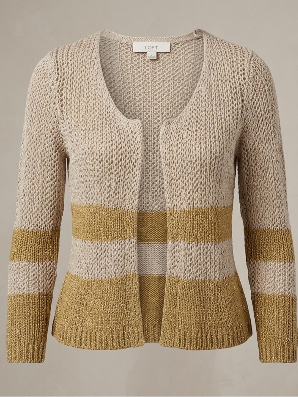 LOFT Open-Stitch Gold Threaded Cardigan – The Bridal Rehearsal Edition